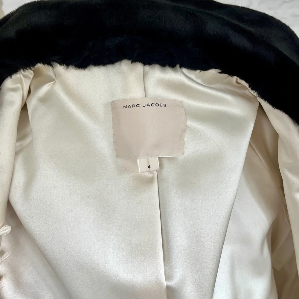 Marc Jacobs Black Velvet Faux Fur Collar Crystal Button Satin Lined Coat, Size 4